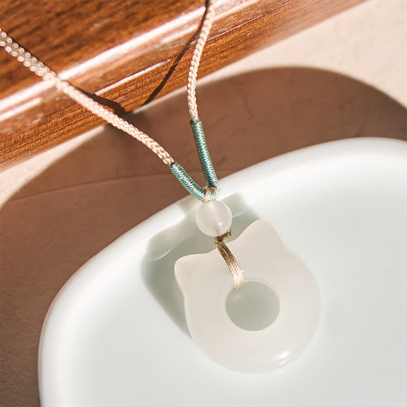 EverestArtstudios Tianshan Jade Peace Buckle Cat Prosperity Pendant Necklace