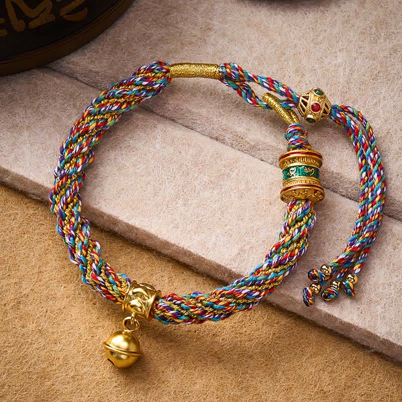 Buddha Stones Tibetan Om Mani Padme Hum Strength Bell Charm Multicolor Braided Rope Bracelet