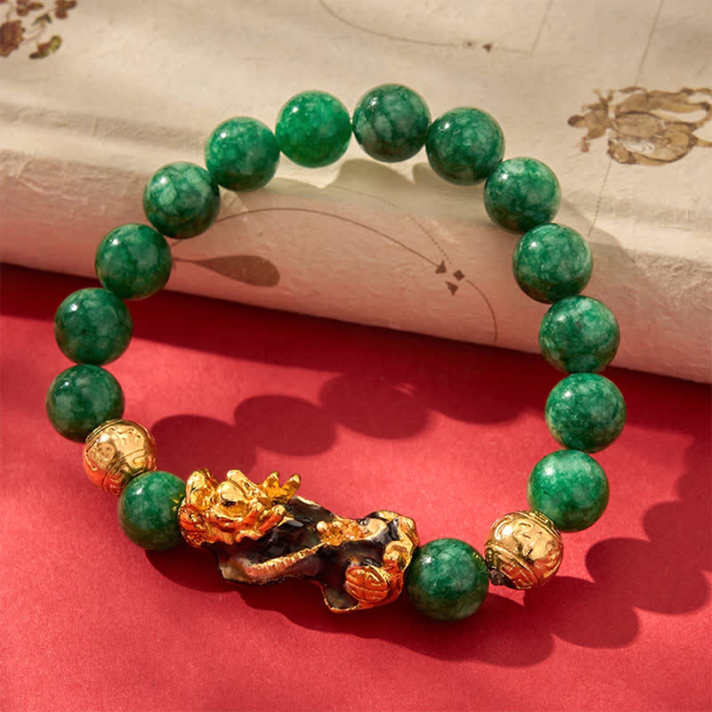 EverestArtstudios Natural Cyan Jade Beaded Color Change PiXiu Healing Bracelet