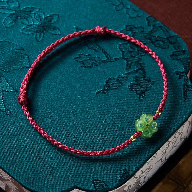 EverestArtstudios Natural Hetian Cyan Jade Four-leaf Clover Luck Red Rope Bracelet