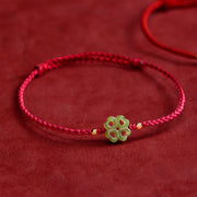EverestArtstudios Natural Hetian Cyan Jade Four-leaf Clover Luck Red Rope Bracelet