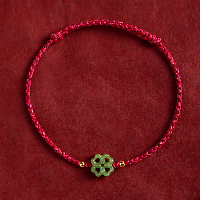 EverestArtstudios Natural Hetian Cyan Jade Four-leaf Clover Luck Red Rope Bracelet