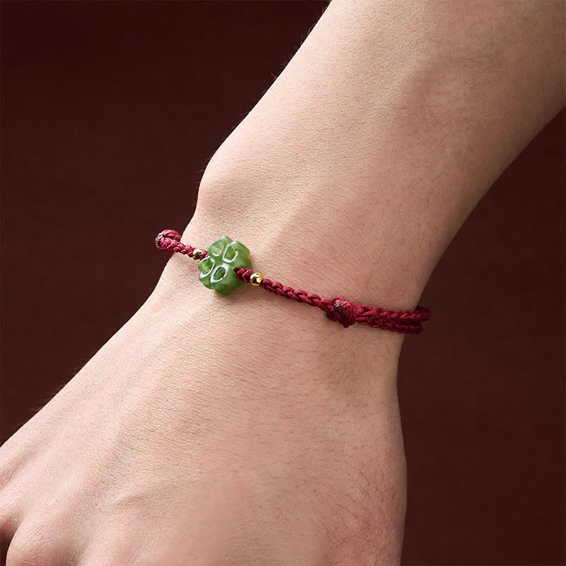 EverestArtstudios Natural Hetian Cyan Jade Four-leaf Clover Luck Red Rope Bracelet