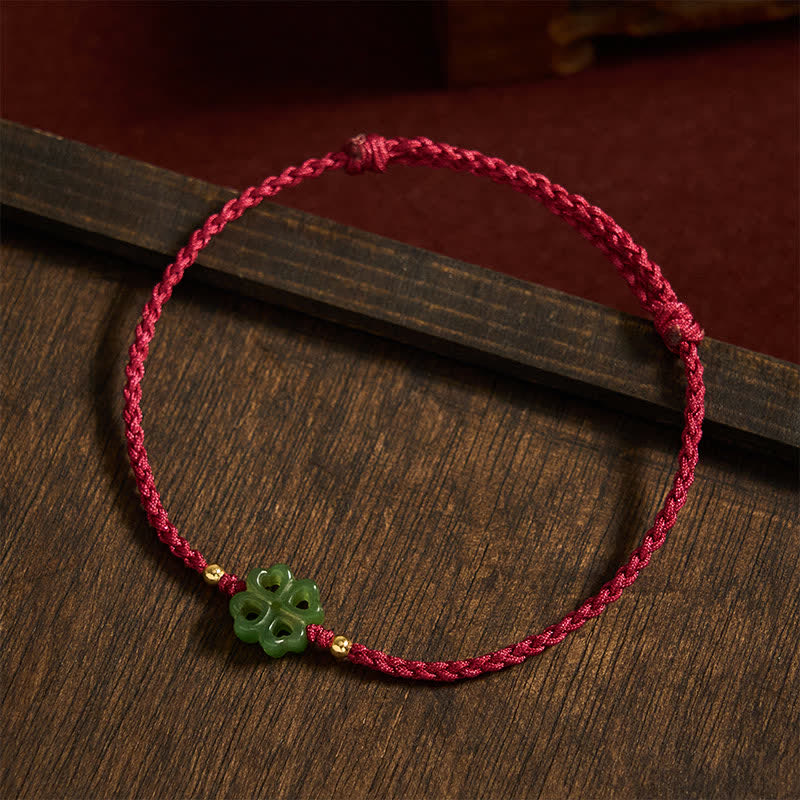 EverestArtstudios Natural Hetian Cyan Jade Four-leaf Clover Luck Red Rope Bracelet