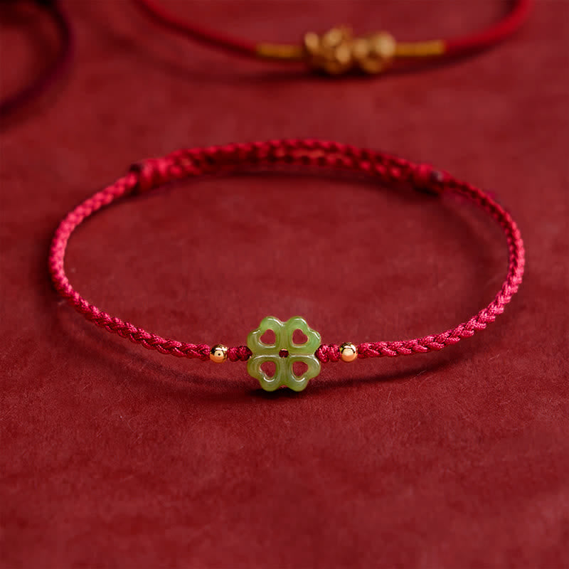 EverestArtstudios Natural Hetian Cyan Jade Four-leaf Clover Luck Red Rope Bracelet