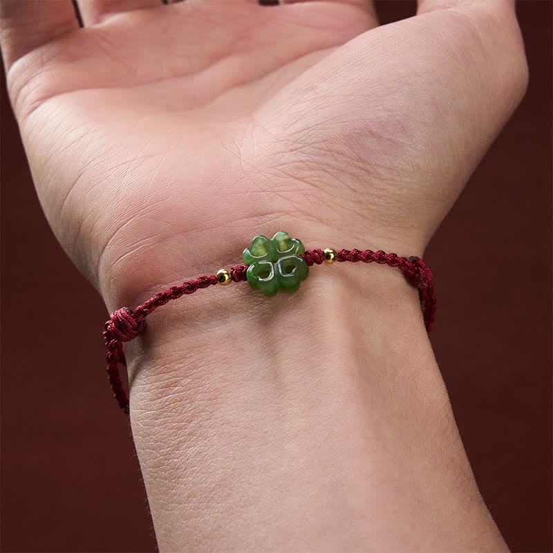 EverestArtstudios Natural Hetian Cyan Jade Four-leaf Clover Luck Red Rope Bracelet