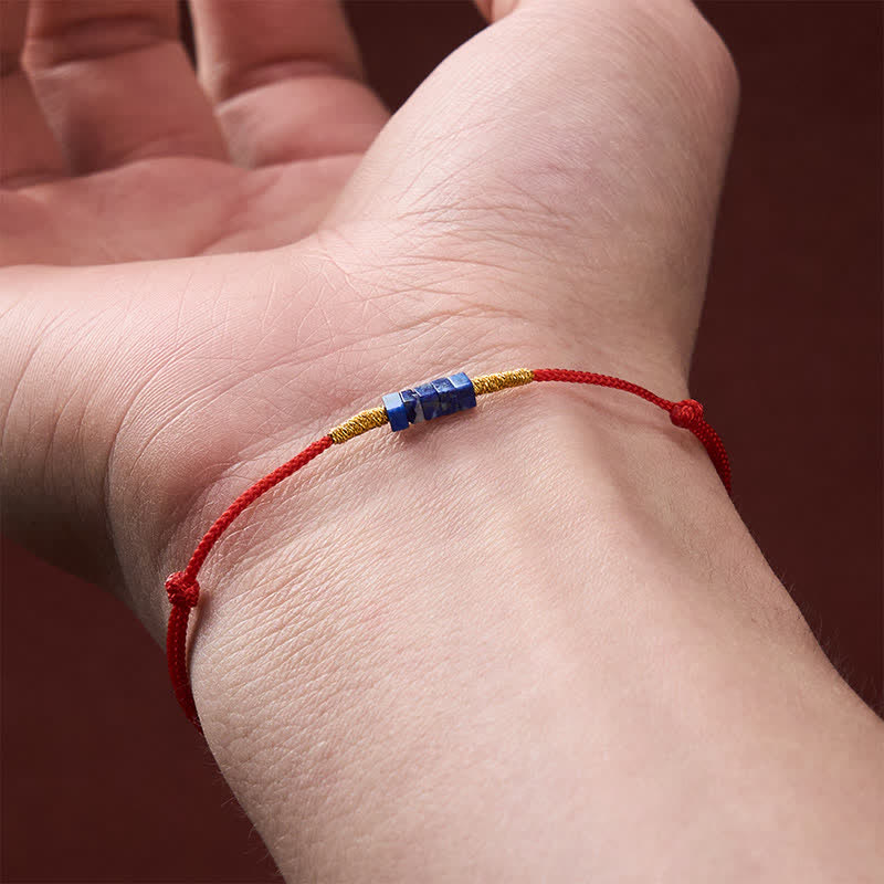 Buddha Stones Hand-Woven Ultra-fine Small Square Shape Lapis Lazuli Red String Luck Bracelet