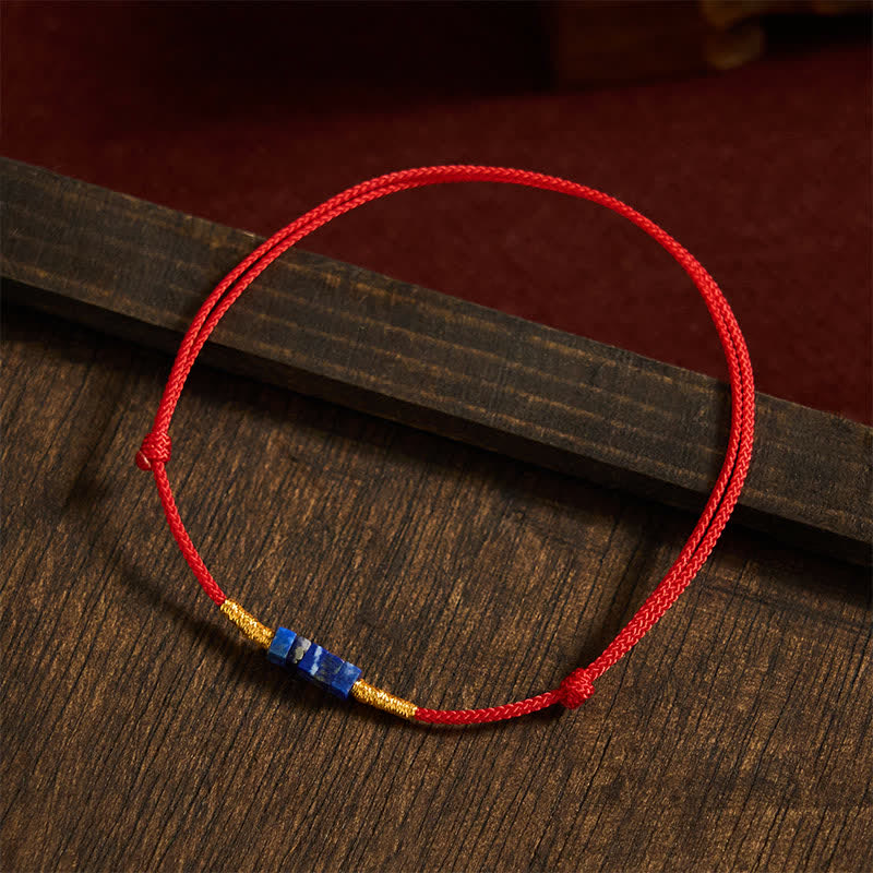 Buddha Stones Hand-Woven Ultra-fine Small Square Shape Lapis Lazuli Red String Luck Bracelet