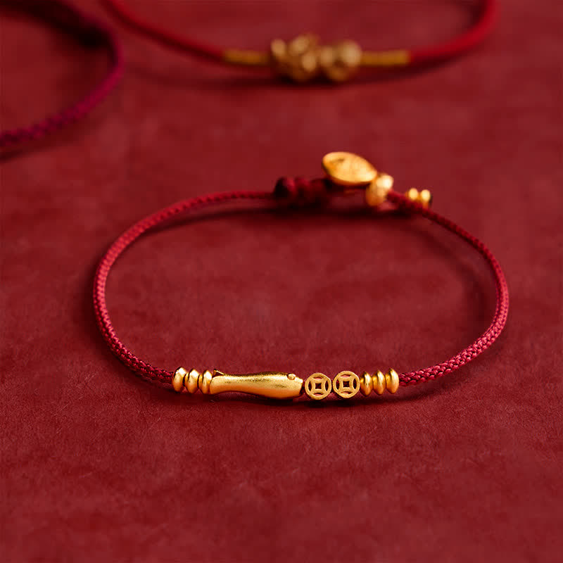 Buddha Stones Hand-Woven Red String Koi Fish Copper Coin Success Bracelet