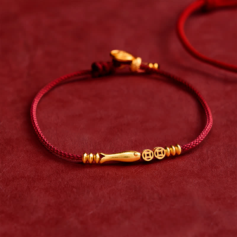 Buddha Stones Hand-Woven Red String Koi Fish Copper Coin Success Bracelet