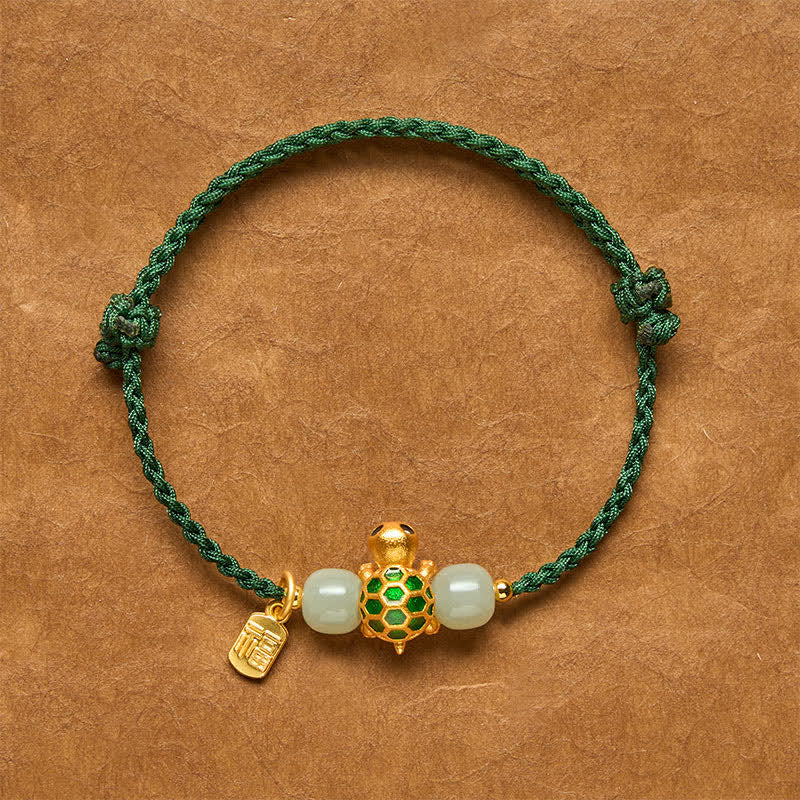 EverestArtstudios Copper Turtle Hetian Jade Fu Character Luck Red String Bracelet
