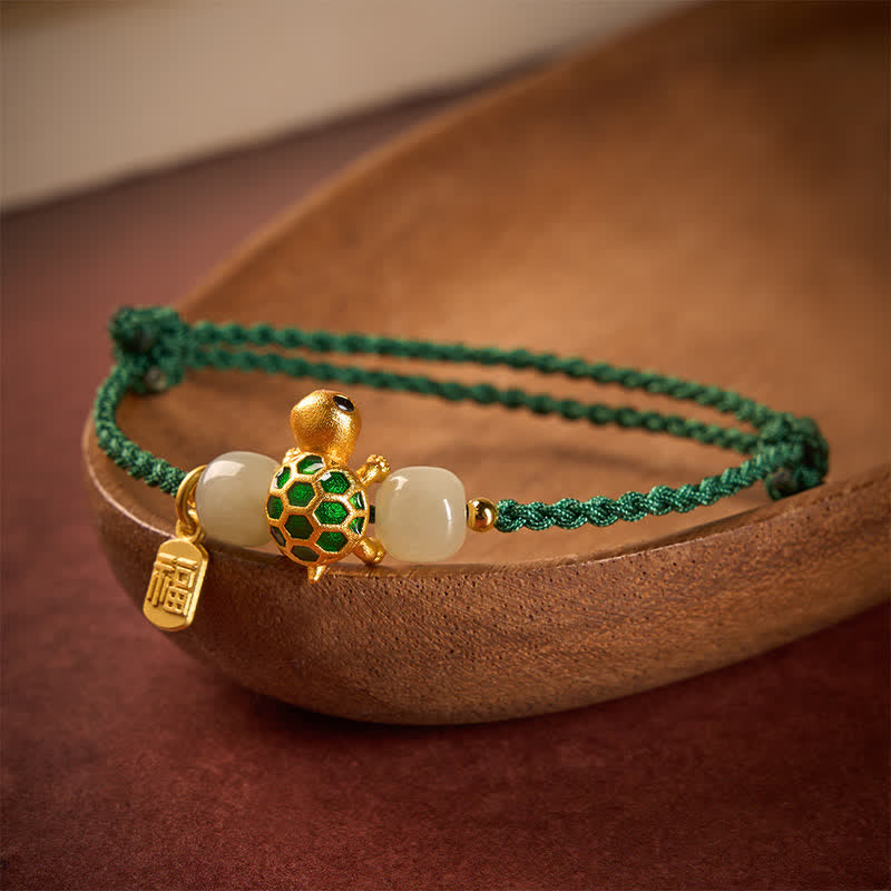 EverestArtstudios Copper Turtle Hetian Jade Fu Character Luck Red String Bracelet