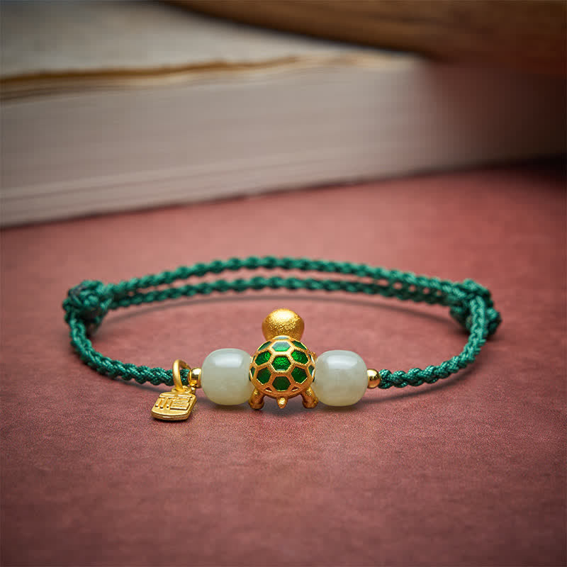 EverestArtstudios Copper Turtle Hetian Jade Fu Character Luck Red String Bracelet