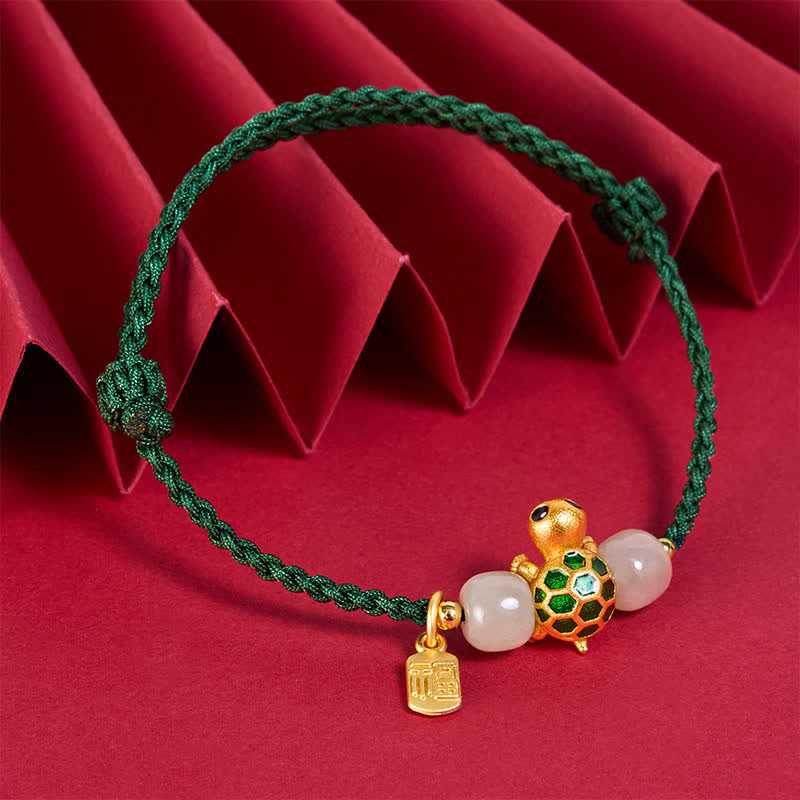 EverestArtstudios Copper Turtle Hetian Jade Fu Character Luck Red String Bracelet