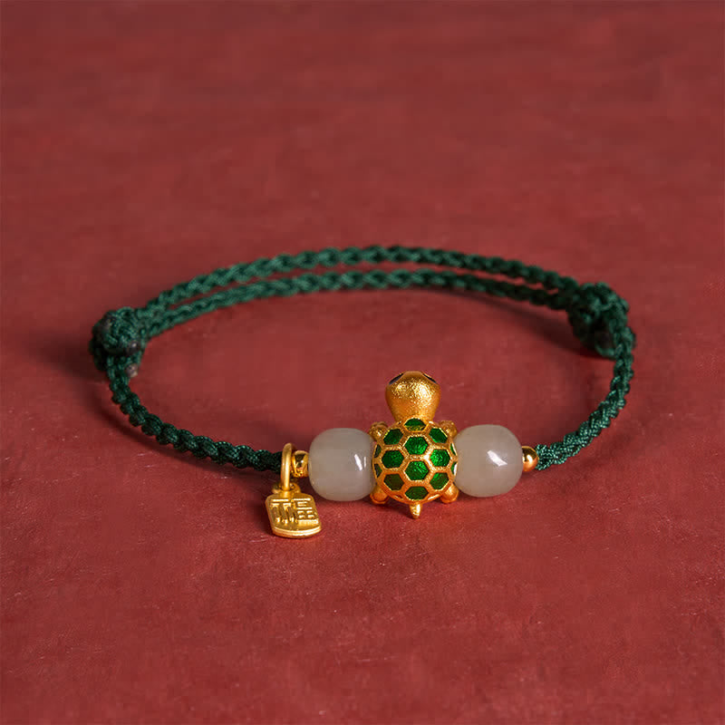 EverestArtstudios Copper Turtle Hetian Jade Fu Character Luck Red String Bracelet