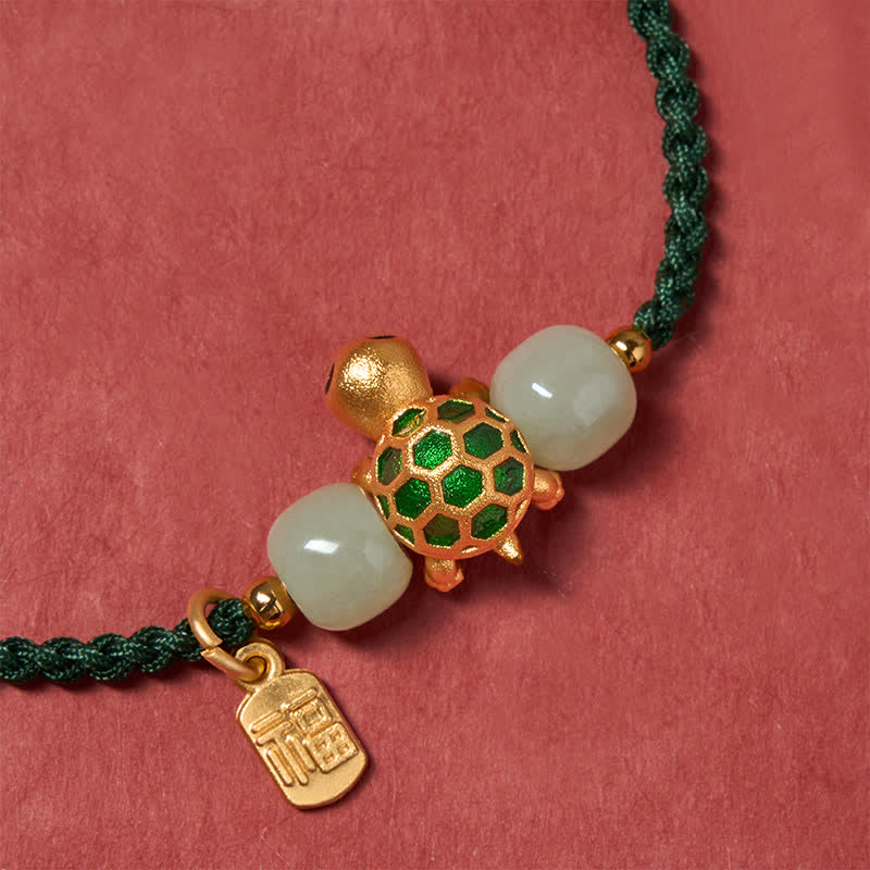 EverestArtstudios Copper Turtle Hetian Jade Fu Character Luck Red String Bracelet