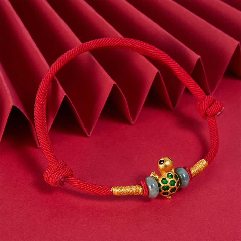 EverestArtstudios Copper Turtle Jade Fu Character Luck Red String Bracelet