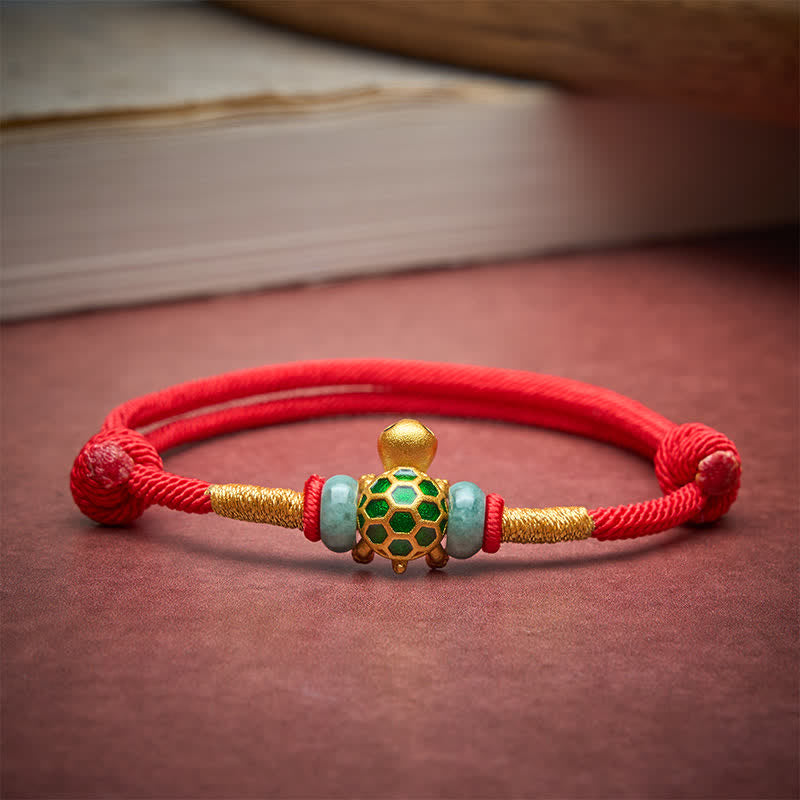 EverestArtstudios Copper Turtle Jade Fu Character Luck Red String Bracelet
