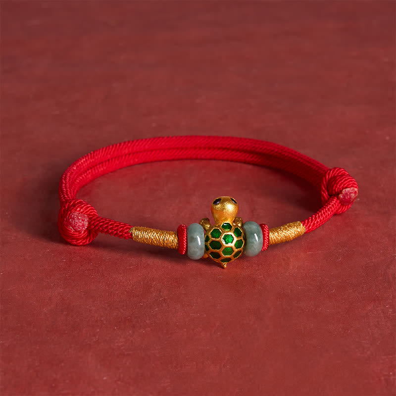 EverestArtstudios Copper Turtle Jade Fu Character Luck Red String Bracelet