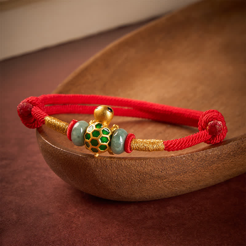EverestArtstudios Copper Turtle Jade Fu Character Luck Red String Bracelet