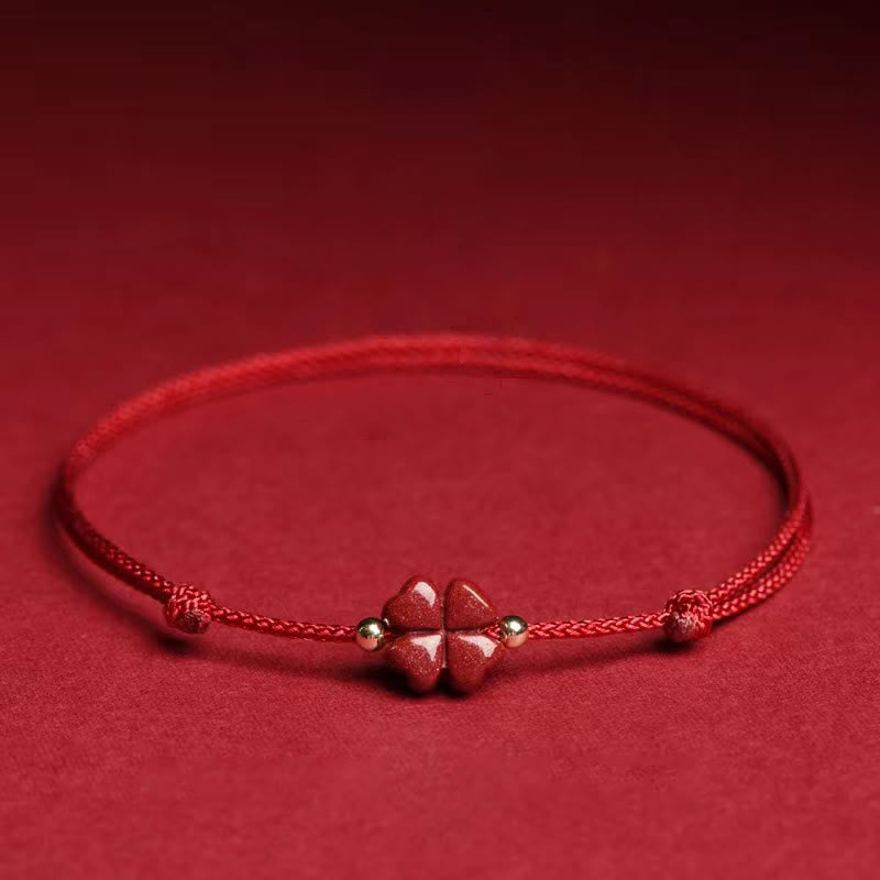 EverestArtStudios Natural Cinnabar Four Leaf Clover Blessing Red String Bracelet Anklet