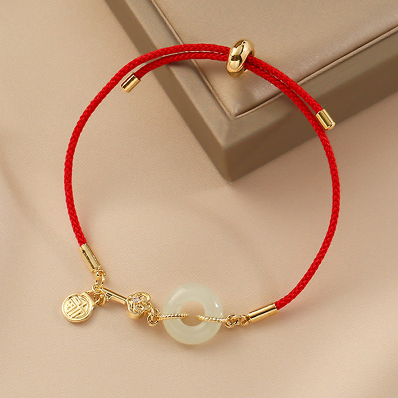 EverestArtstudios 18K Gold Plated Hetian Jade Peace Buckle Fu Character Luck Red Rope Bracelet