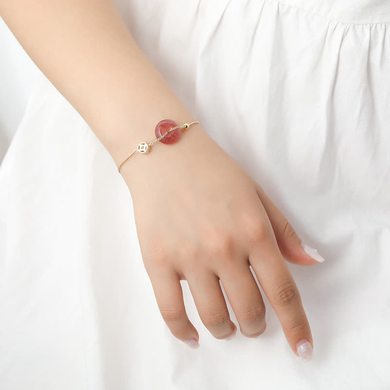 Buddha Stones Strawberry Quartz Peace Buckle Coin Love Bracelet