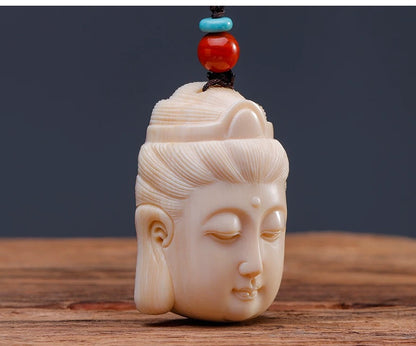EverestArtStudios Natural Reclaimed Mammoth Ivory Guanyin Pendant, Hand Carved Buddha Head Necklace, Spiritual Amulet Gift, Meditation Jewelry