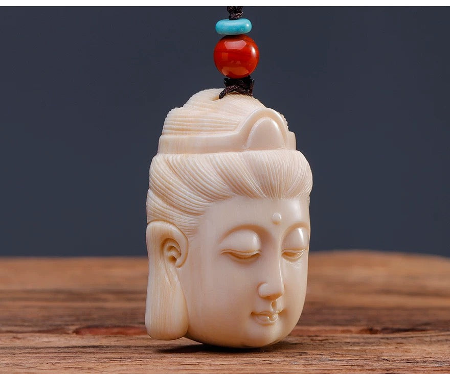EverestArtStudios Natural Reclaimed Mammoth Ivory Guanyin Pendant, Hand Carved Buddha Head Necklace, Spiritual Amulet Gift, Meditation Jewelry