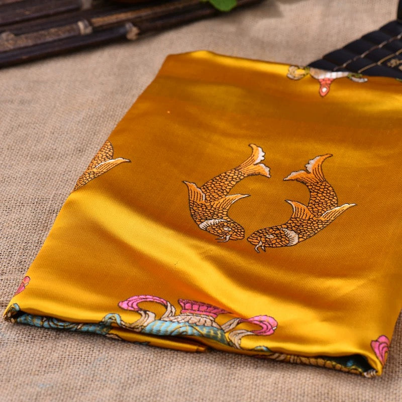 Yellow Embroidered Tibetan Khata Scarf with Eight Auspicious Symbol