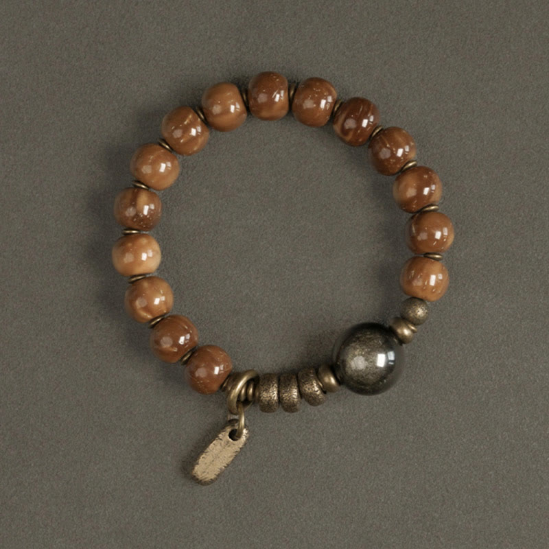 Buddha Stones Kuka Seed Tiger Eye Gold Sheen Obsidian Brass Copper Wealth Luck Bracelet