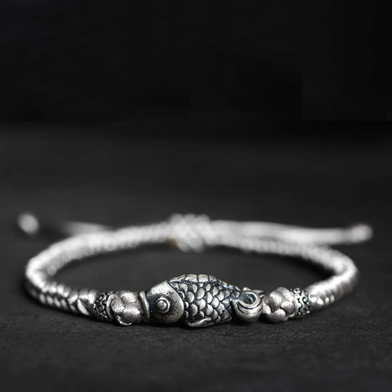 EverestArtstudios Silver Luck Koi Fish Braided String Bracelet