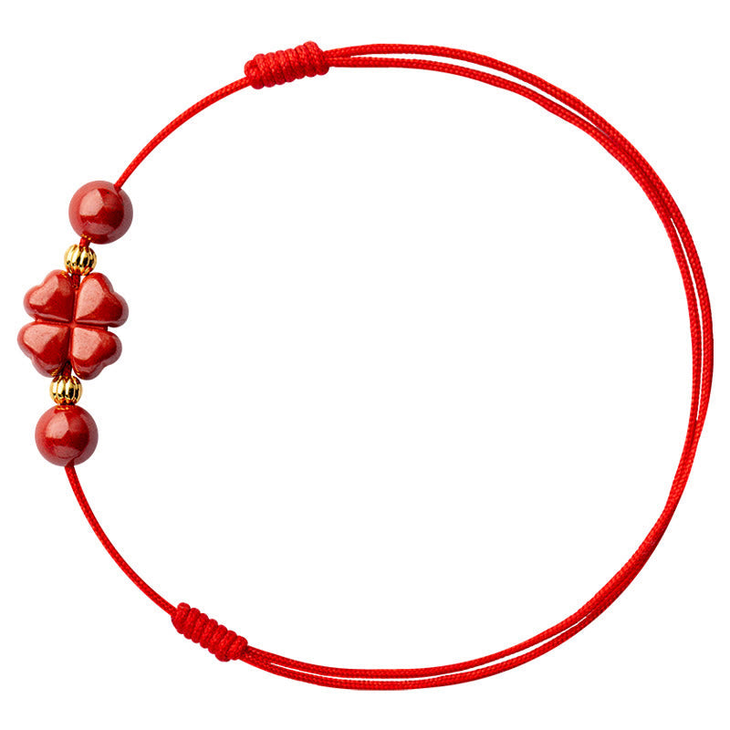 EverestArtstudios Four Leaf Clover Cinnabar Blessing Calm String Bracelet Anklet