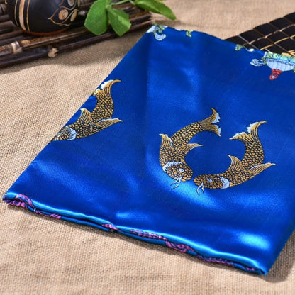 Blue Embroidered Tibetan Khata Scarf with Eight Auspicious Symbol