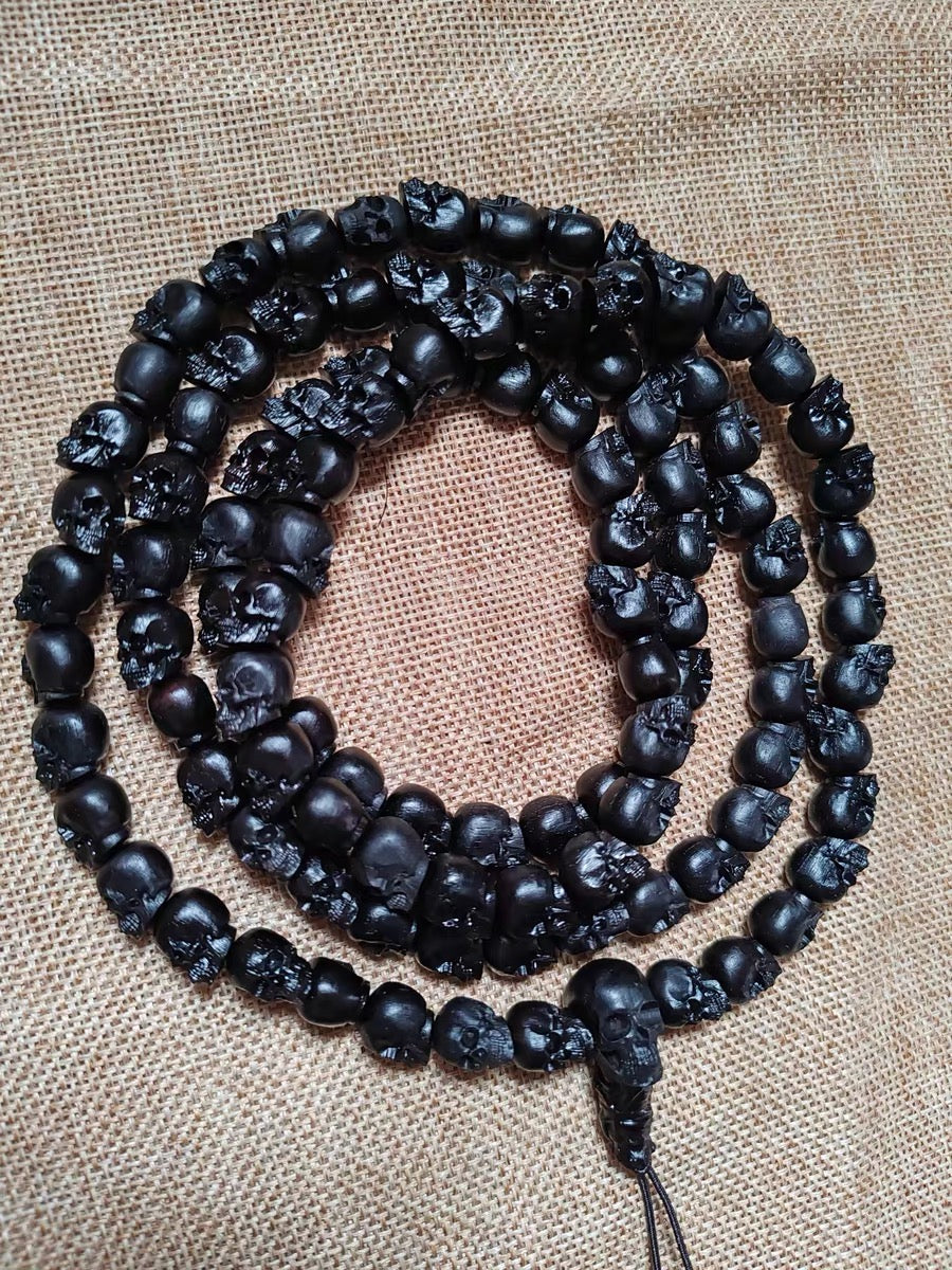 Natural Black Sandalwood Skull Mala Bracelet: Tibetan Buddhist Prayer 108 Beads