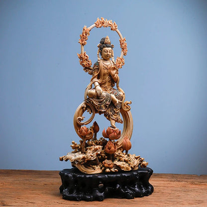 EverestArtStudios Natural Reclaimed Mammoth Ivory Water Moon Guanyin Avalokiteshvara Statue, Hand Carved Bodhisattva Sculpture, Buddhist Altar Decor, Collectible Art
