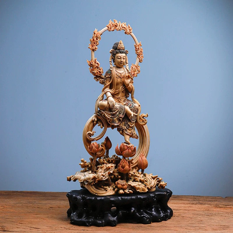 EverestArtStudios Natural Reclaimed Mammoth Ivory Water Moon Guanyin Avalokiteshvara Statue, Hand Carved Bodhisattva Sculpture, Buddhist Altar Decor, Collectible Art