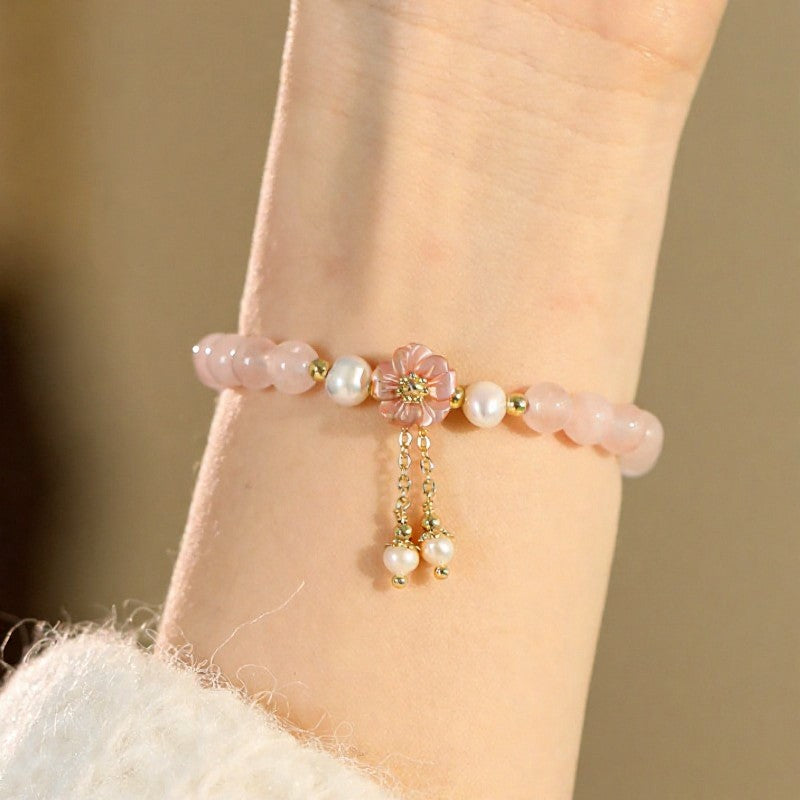 Buddha Stones Rose Quartz Pearl Flower Charm Love Bracelet