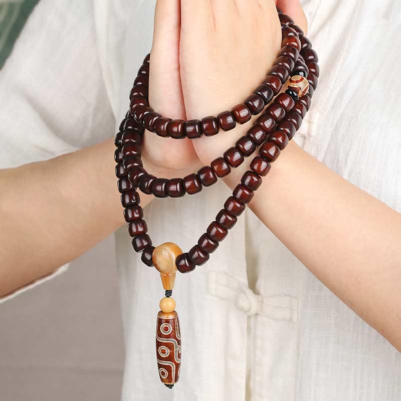 EverestArtstudios 108 Mala Beads Three-eyed Dzi Bead Nine-eye Dzi Bead Jade Luck Bracelet
