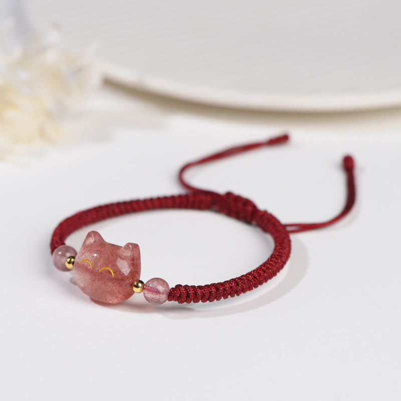 EverestArtstudios Handmade Natural Silver Sheen Obsidian Strawberry Quartz Cute Cat Protection Braided Bracelet