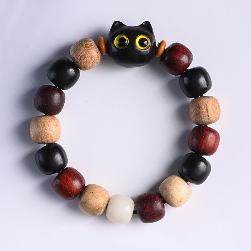 EverestArtStudios Small Leaf Red Sandalwood Ebony Wood Cute Cat Engraved Protection Bracelet