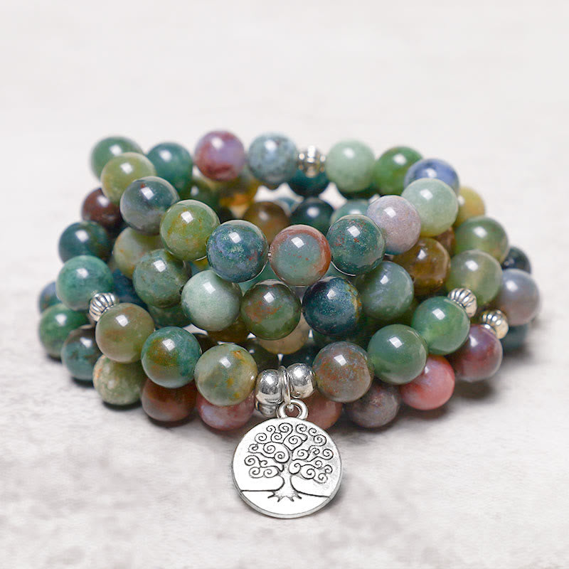Buddha Stones 108 Mala Beads Indian Agate Lotus OM Tree of life Positive Calm Bracelet