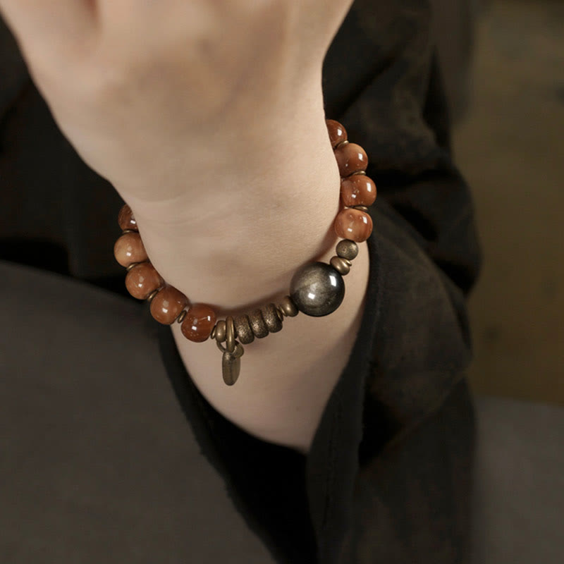 Buddha Stones Kuka Seed Tiger Eye Gold Sheen Obsidian Brass Copper Wealth Luck Bracelet