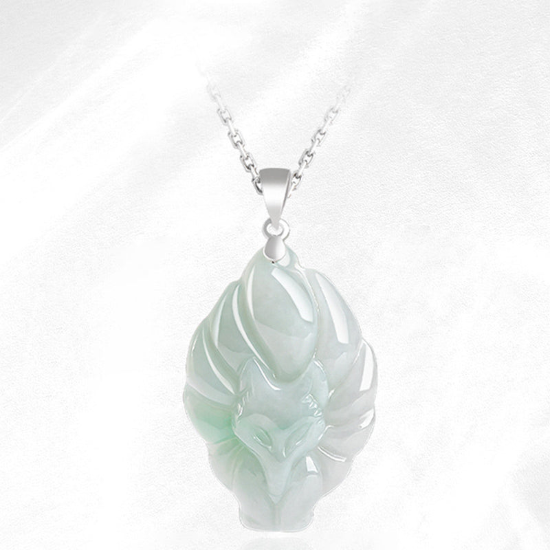 Buddha Stones Natural Jade Nine Tailed Fox Prosperity Titanium Steel Chain Necklace Pendant