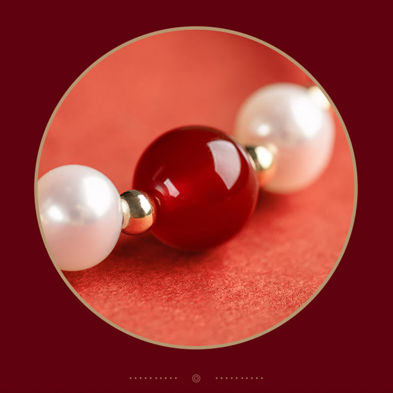 EverestArtstudios 925 Sterling Silver Good Fortune Fu Character Agate Pearl Red String Braid Bracelet