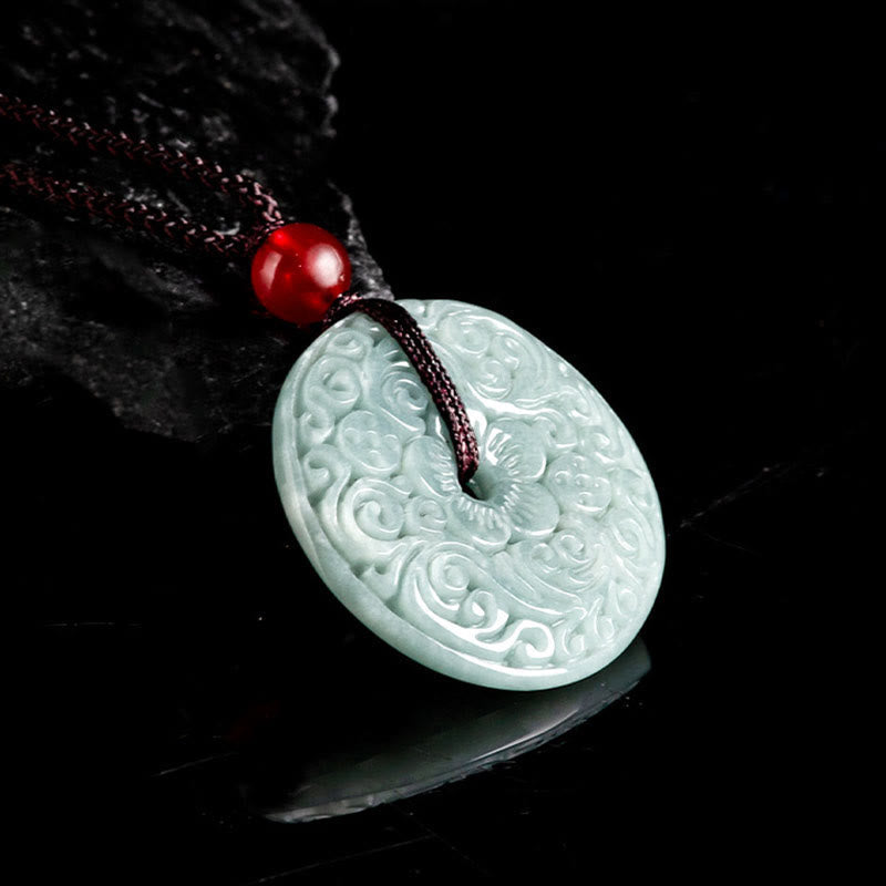 EverestArtstudios Green Jade Flower Carved Peace Buckle Abundance Necklace Pendant