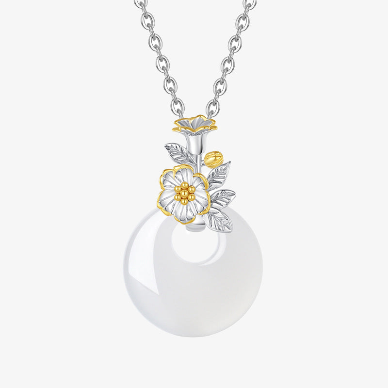 EverestArtstudios 925 Sterling Silver Round Chalcedony Twelve Months Flower Harmony Necklace Pendant