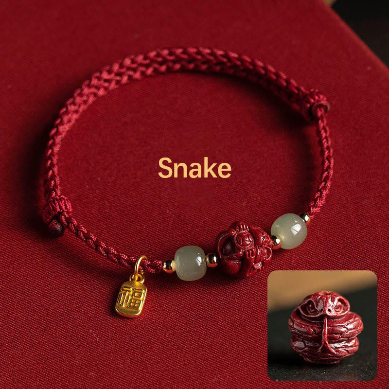 EverestArtstudios Natural Cinnabar Chinese Zodiac Hetian Jade Fu Character Luck Rope Bracelet