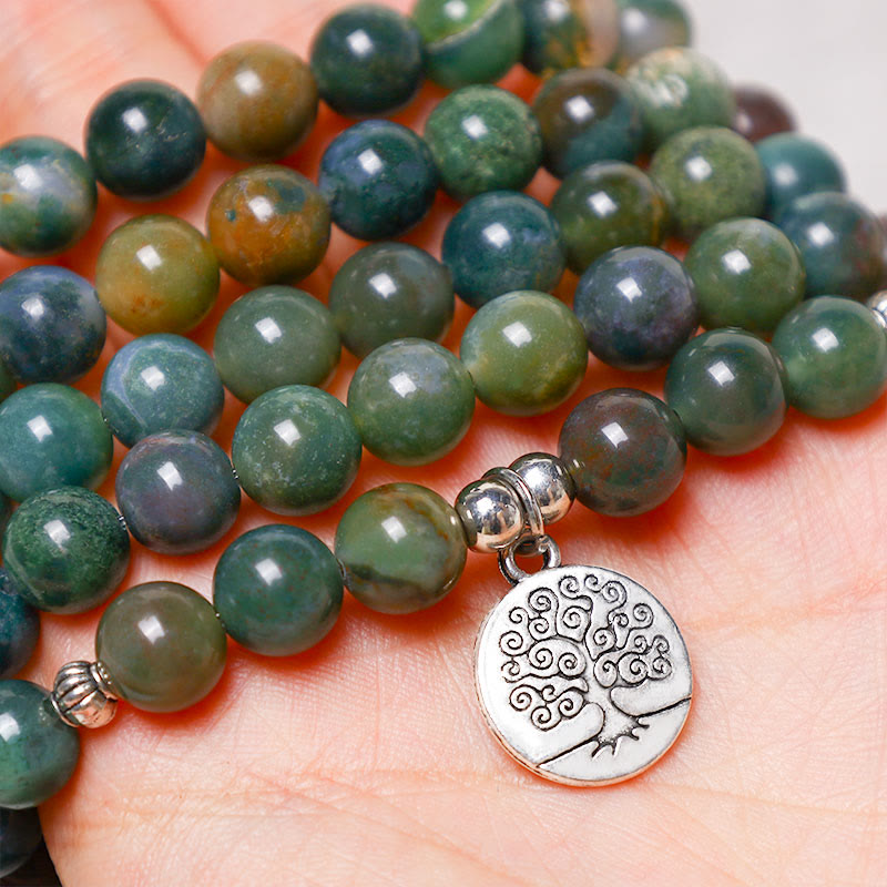 Buddha Stones 108 Mala Beads Indian Agate Lotus OM Tree of life Positive Calm Bracelet