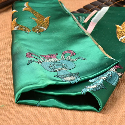 Green Embroidered Tibetan Khata Scarf with Eight Auspicious Symbol